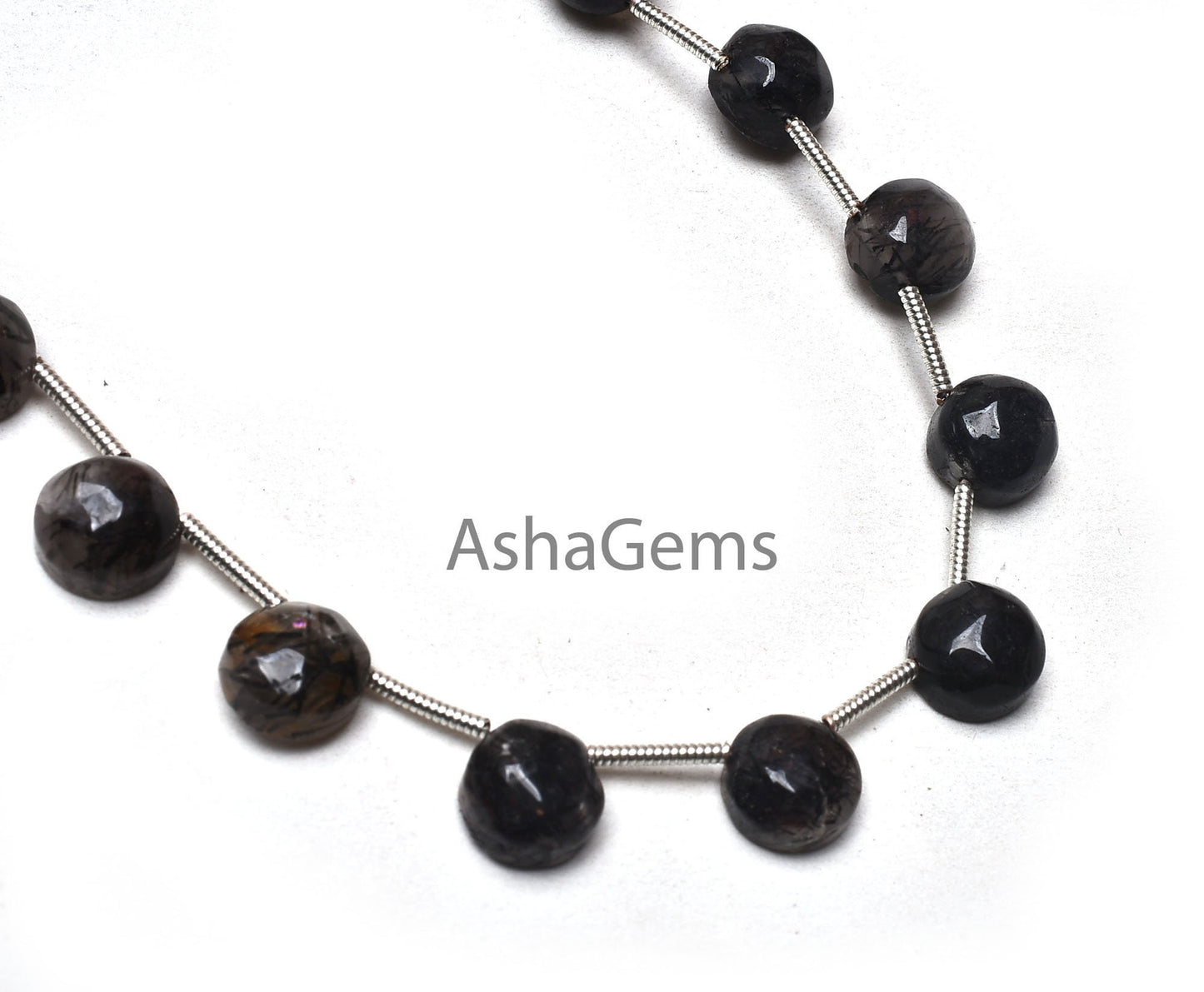 7.5-8 mm Black Rutile Smooth Round Cabochon Side Drill Beads, Natural Rutile Fancy Beads 1 Side Flat table Round Cab Gemstone Beads Jewelry