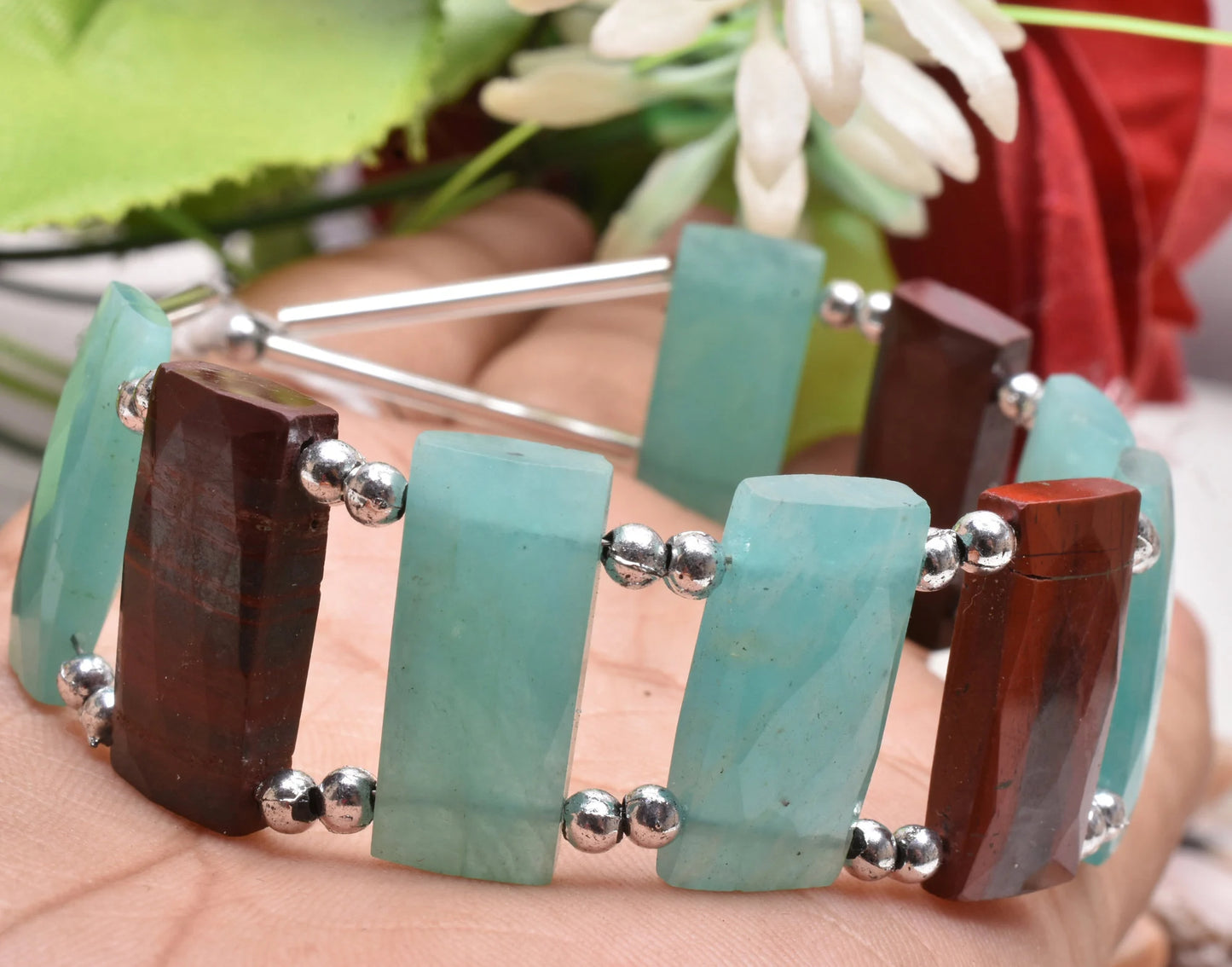 AAA Blue Amazonite, Red Jasper fancy Rectangle Beads, Natural Peru Amazonite,Jasper Chicklet Multi Color Gemstone Bead Bracelet Jewelry SALE(AG 18566)