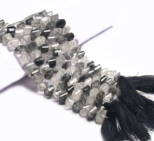Natural Black Rutile fancy Shape Twisted Beads,8-9 mm Fine Rutilated Quartz Faceted Center Drill Fancy Gemstone Beads Jewelry Making Crafts(AG 18558)
