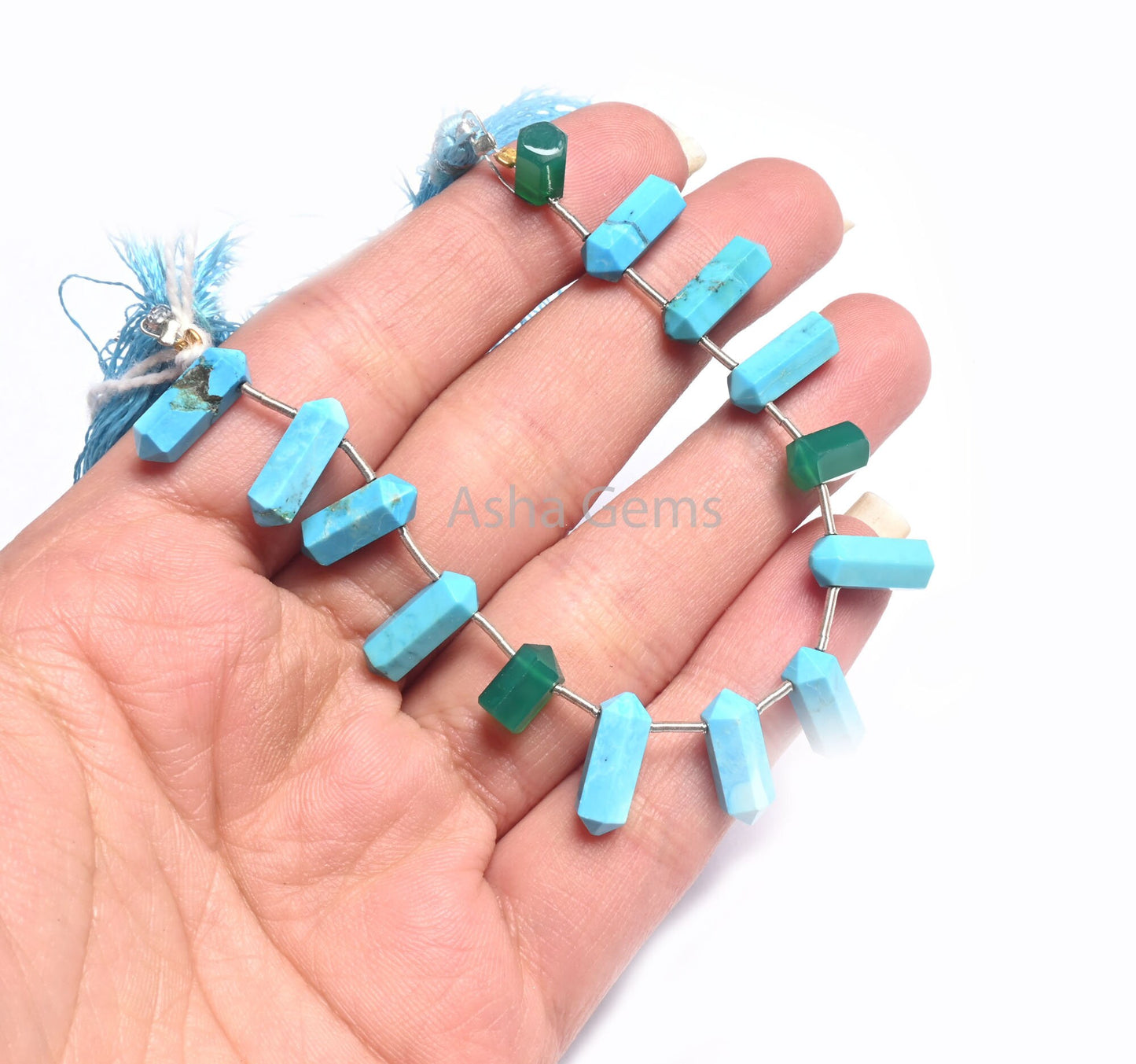 (Blue Turquoise Howlite+ Green Onyx Fancy Bullet Shape Gemstone Beads, Turquoise,Onyx Fancy Side Drill Pencil Tube Beads Jewelry Making Craft(AG 18562)