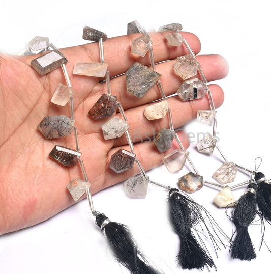 Beautiful Rutile Quartz Faceted Table Cut Nugget Beads,8" Natural Black Rutile Fancy Shape Slice Side Drill Briolette Gemstone Beads Jewelry (AG 18854)