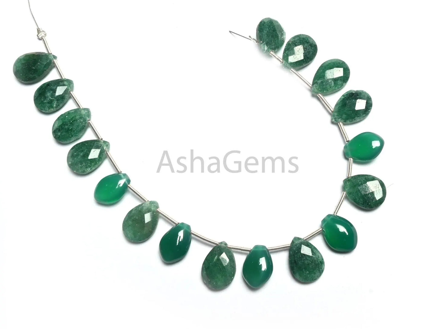 Natural Moss Green Agate faceted Teardrop+ Green Onyx Fancy Teardrop Smooth Gemstone Beads,7" Multi Stone Briolette Side Drill Beads Jewelry (AG 18791)