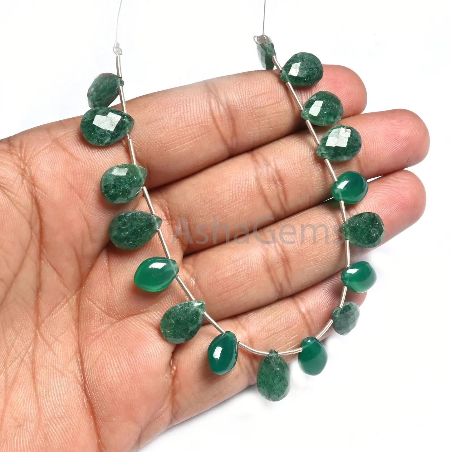 Natural Moss Green Agate faceted Teardrop+ Green Onyx Fancy Teardrop Smooth Gemstone Beads,7" Multi Stone Briolette Side Drill Beads Jewelry (AG 18791)
