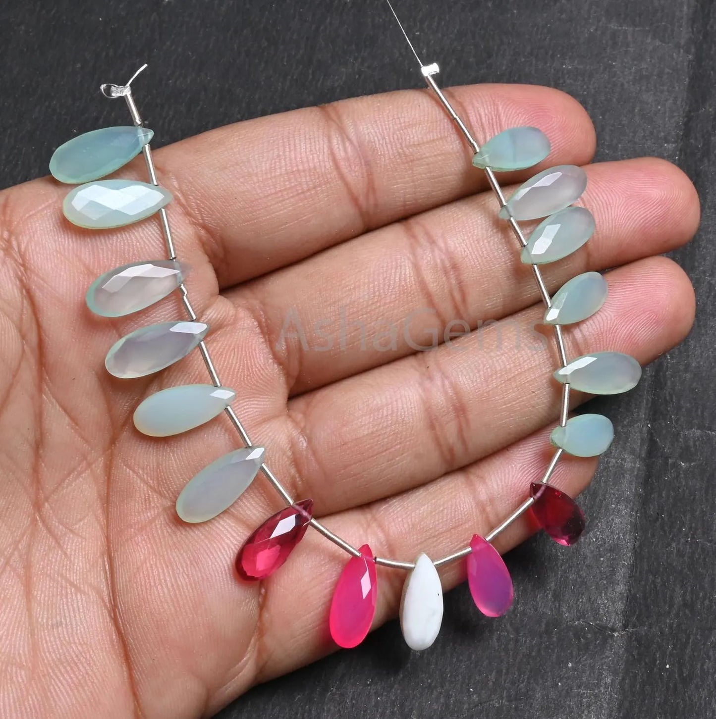 Beautiful Aqua + Pink Chalcedony and Pink Hydro Fancy Long Pears Shape Beads,6-15 mm Multi Gemstone Teardrop Briolette faceted Beads Jewelry (AG 18790)