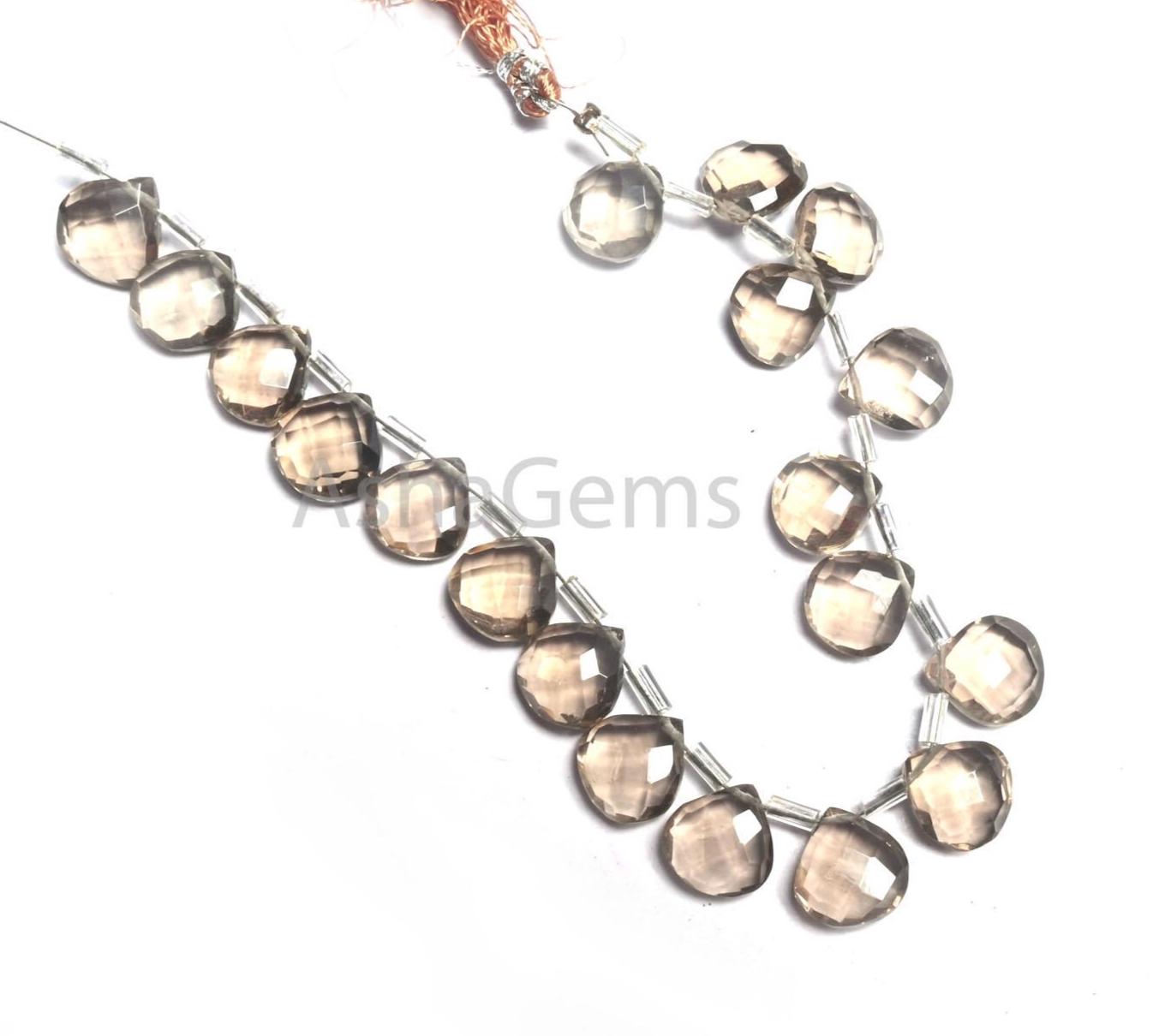 AAA Quality Smoky Quartz Hydro faceted Heart Shape Side Drill Beads, Translucent Light Gray Hydro Heart Briolette Brown Quartz Beads Jewelry (AG 18745)