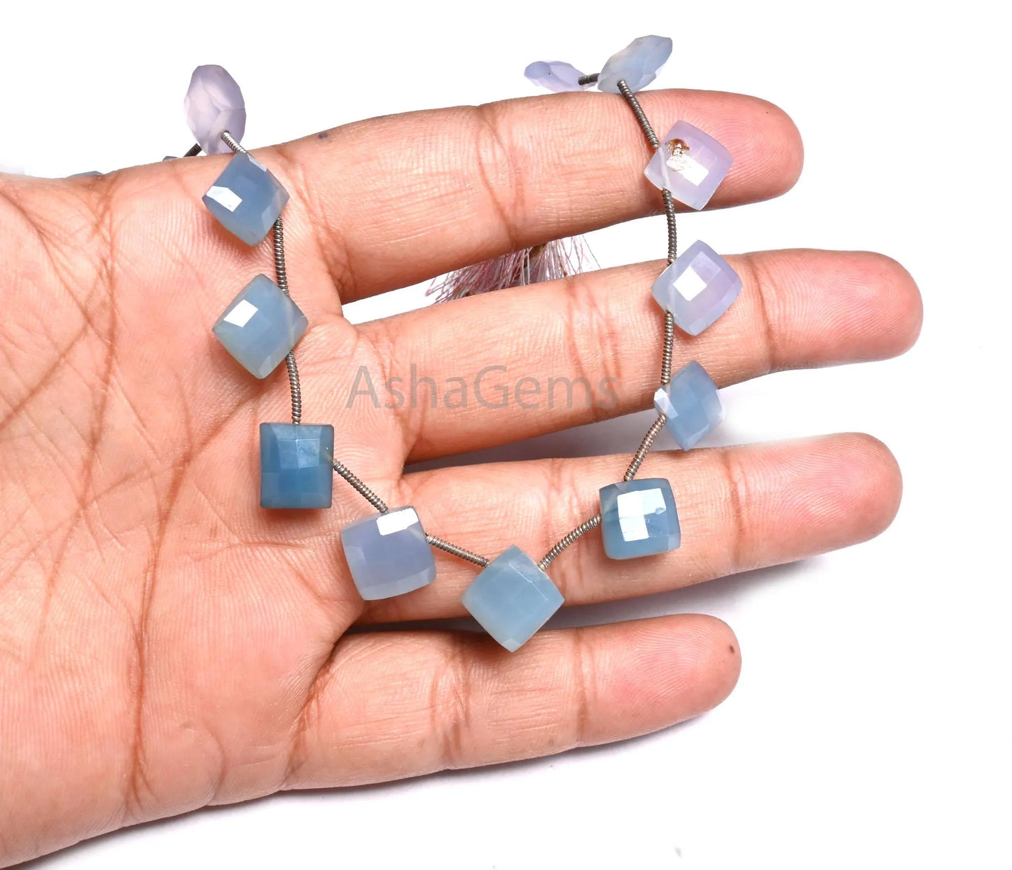 Blue Chalcedony Fancy Cushion Shape Gemstone Loose Beads,8-10.5mm Fine Chalcedony Square Faceted Side Drill Gemstone Bead Jewelry Craft SALE(AG 18726 )