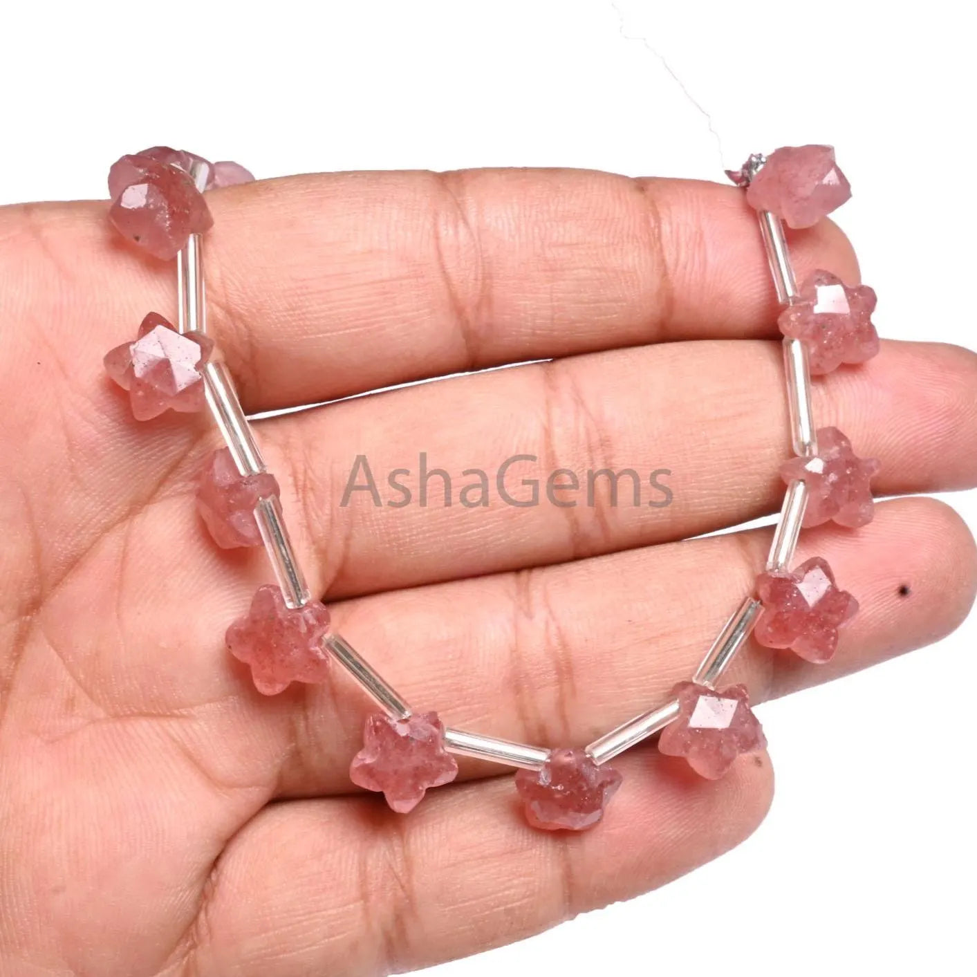 10 mm Natural Pink Strawberry Quartz Faceted Star Shape Carving Beads,8" Fine Beautiful Pink Strawberry Fancy Star Carved Bead Jewelry Craft (AG 18928)