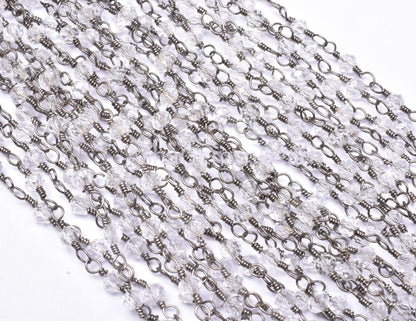 3,5,10,25 Feet,Crystal Quartz Hydro Rondelle Faceted Beads Rosary Chain, Black Plated Wire Jewelry Chain,Finding,3.5mm,Beaded Chain Gunmetal