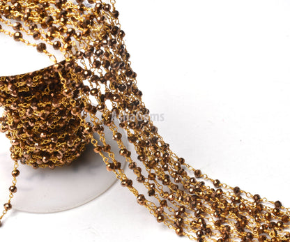 3,5,10,50 Feet Gold Pyrite Hydro Faceted Rondelle Beaded Rosary Chain,3mm,Gold Plated,Wire Wrapped Chain,Finding,Jewelry Making,Rosary Chain