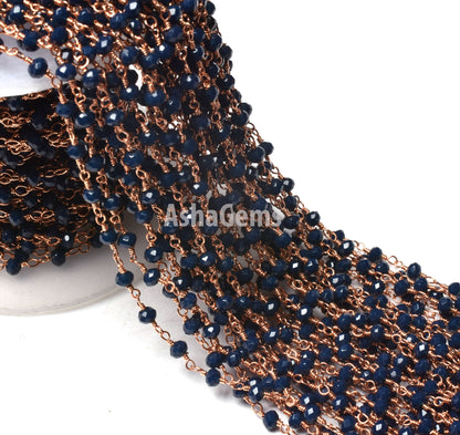 1,3,5,10,25 Feet Blue Sapphire Hydro Faceted Rondelle Beaded Rosary Chain,Rose Gold Metal Wire,Jewelry Making Finding,Chain 3-3.5mm SALE