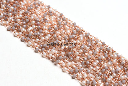 Rose Gold Plated White Pearl Grey Moonstone Hydro Beads Rosary Chain, Faceted Rondelle Beads Wire wrapped Bulk Rosary Chain, Jewelry Making