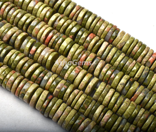 Beautiful Green Unakite Heishi Tyre Shape Beads,7.5-8mm Natural Unakite Flat Smooth Beads, Unakite Beads Gemstone Wheel Shape Beads Handmade