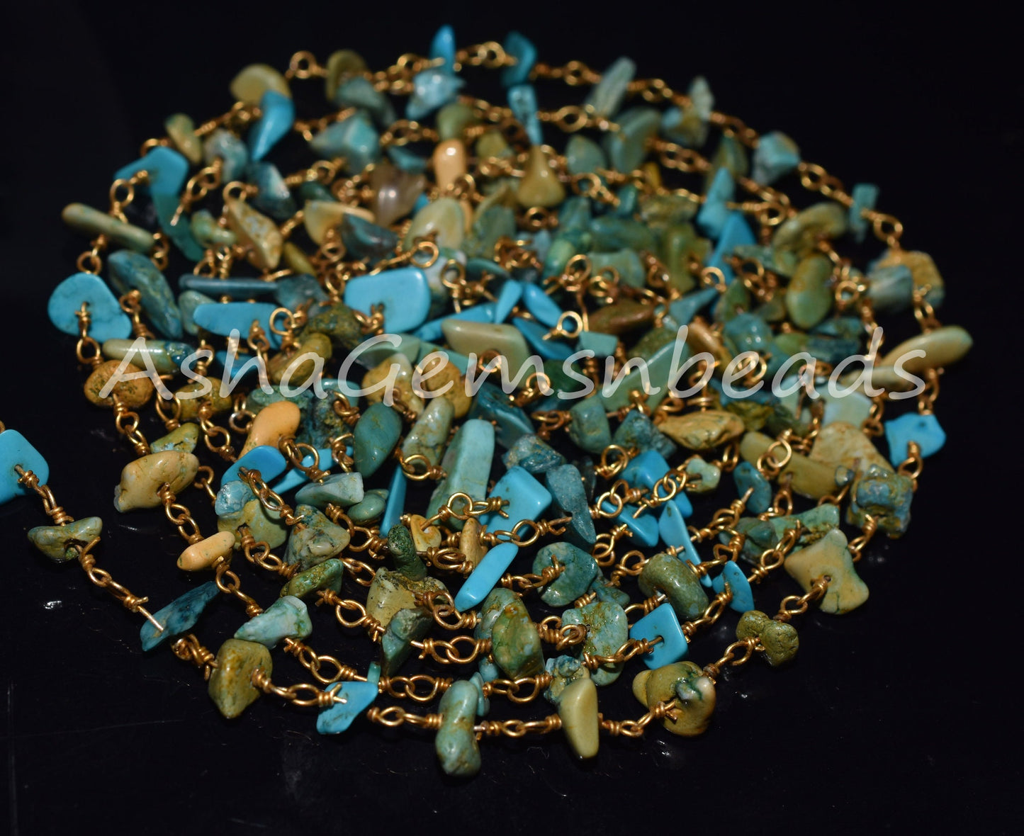 Natural Turquoise Uncut Chips Rosary Beaded Chain,Blue Turquoise Nugget Beads Rosary Chain,3,5,10 By Ft,Gold Plated Wire,Bulk Roll,Jewelry