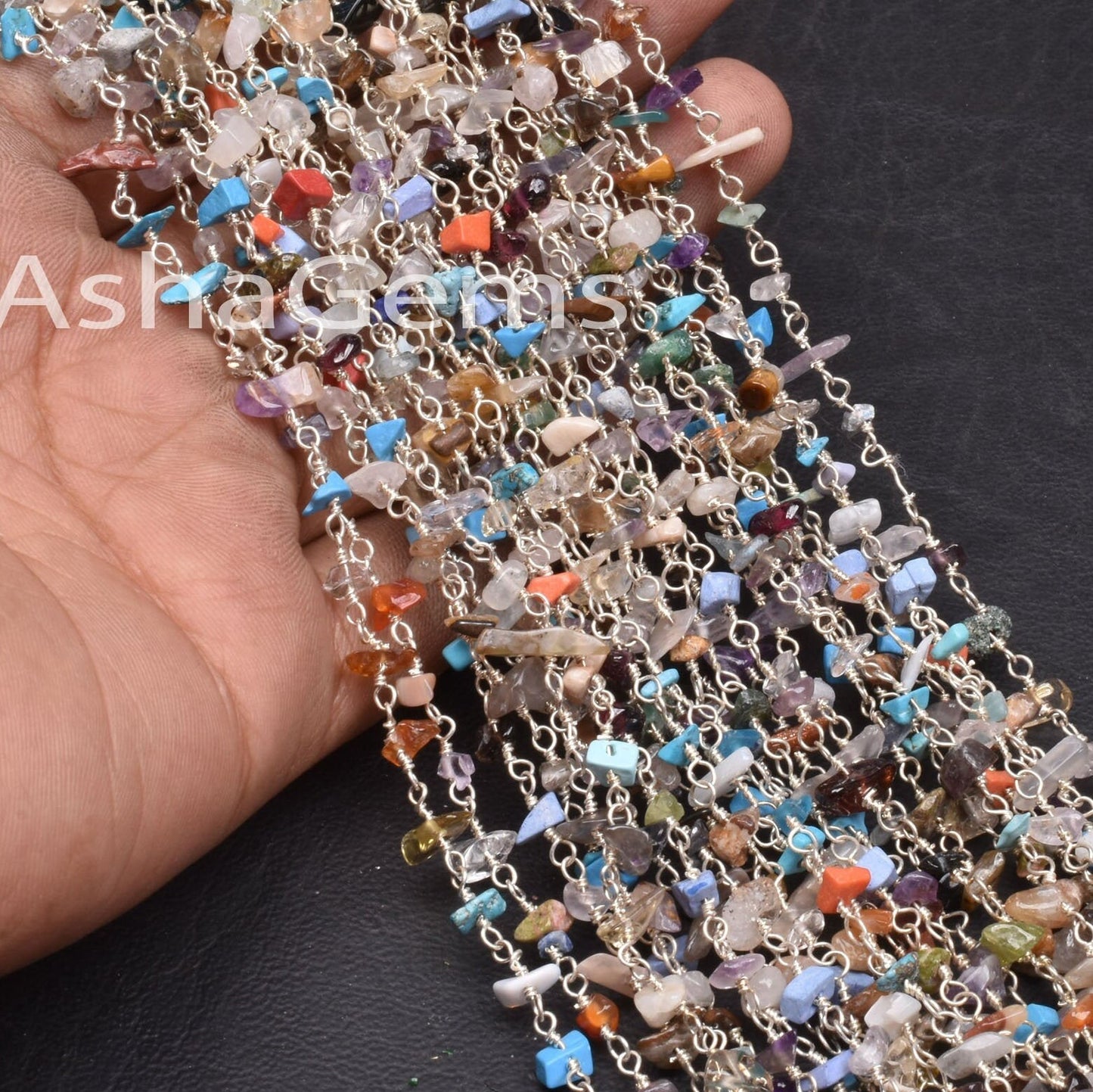 Natural Multi Disco Uncut Chips Rosary Chain silver Plated Wire Bulk Roll, multi Color Gemstone Beads Chain Beaded Rosary Chain By Foot SALE