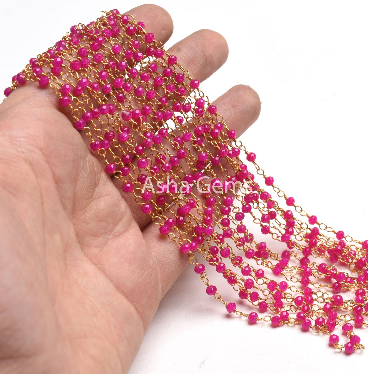 AAA Pink Chalcedony Hydro Faceted Beads Rosary Chain Gold Plated Wire Wrapped Rondelle Micro Cut Beaded handmade Chain Necklace making Craft