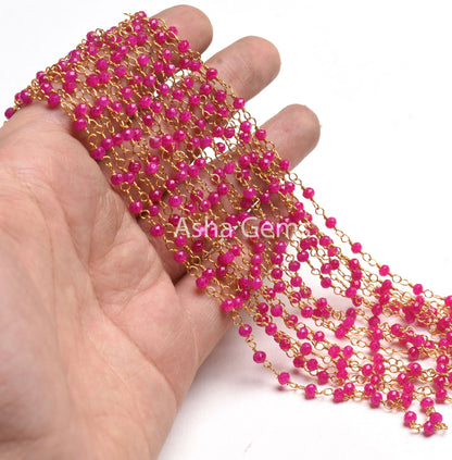 AAA Pink Chalcedony Hydro Faceted Beads Rosary Chain Gold Plated Wire Wrapped Rondelle Micro Cut Beaded handmade Chain Necklace making Craft