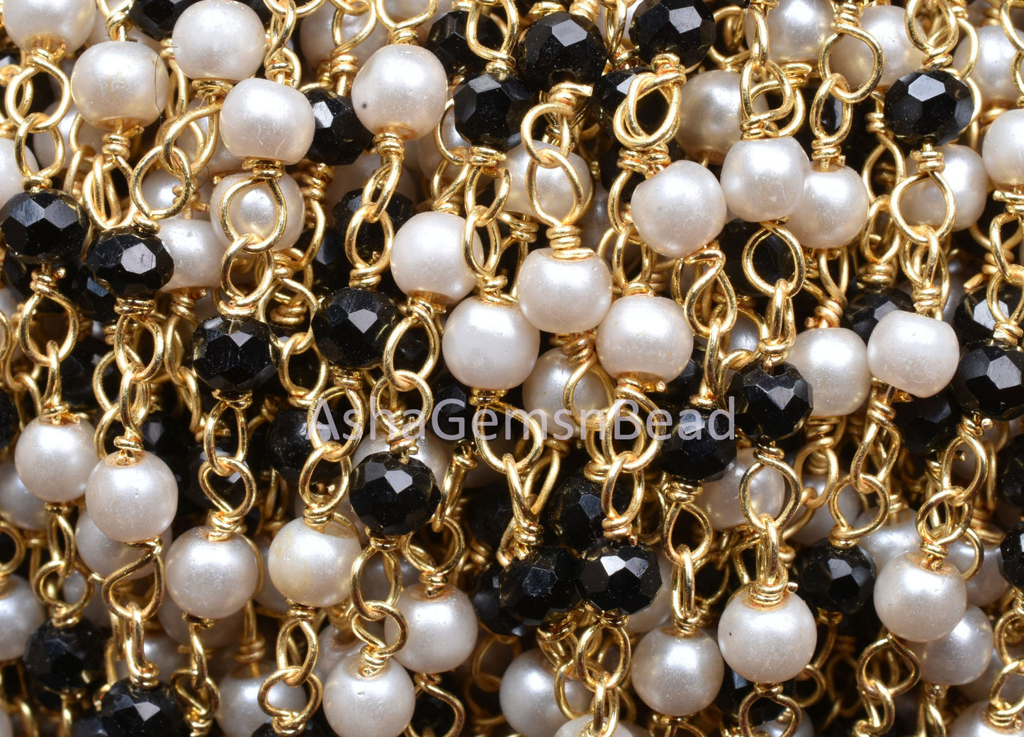 1,5,10,25 feet Beautiful Pearl, Black Spinel Hydro Beads Rosary Chain, Spinel Pearl Hydro Rondelle Beaded Chain, Gold Plated Wire Bulk Roll