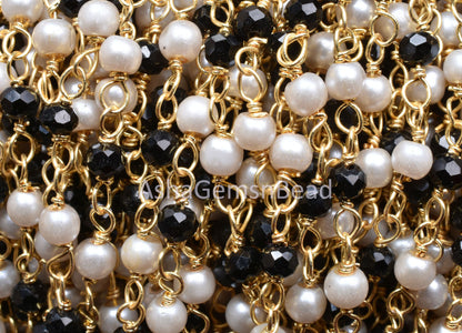 1,5,10,25 feet Beautiful Pearl, Black Spinel Hydro Beads Rosary Chain, Spinel Pearl Hydro Rondelle Beaded Chain, Gold Plated Wire Bulk Roll