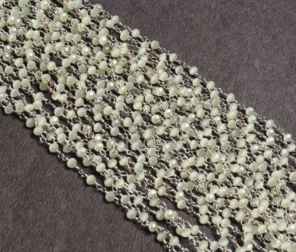 1,3,10,50 Feet Bulk Roll, Green Prehnite Hydro Faceted Beads Rosary Chain 3.5mm Silver Plated Wire wrapped Beaded Chain Rosary Jewelry Craft