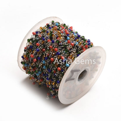 Multi Disco Hydro Beads Rosary Chain Silver Plated Wire Wrap Chain Roll,3mm Mix Color Beaded Faceted Rondelle Chain By Feet Jewelry Necklace