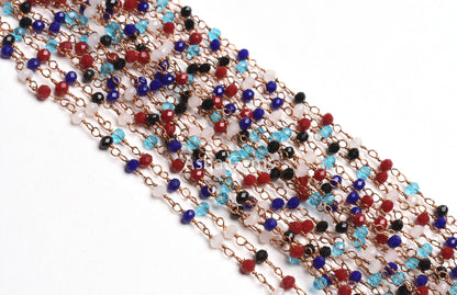 Beautiful Multi Color Disco Hydro Beads Rondelle Rosary Chain,3.5mm Rose Gold Plated Wire Wrap Micro Cut Beaded Chain Jewelry Making Necklace