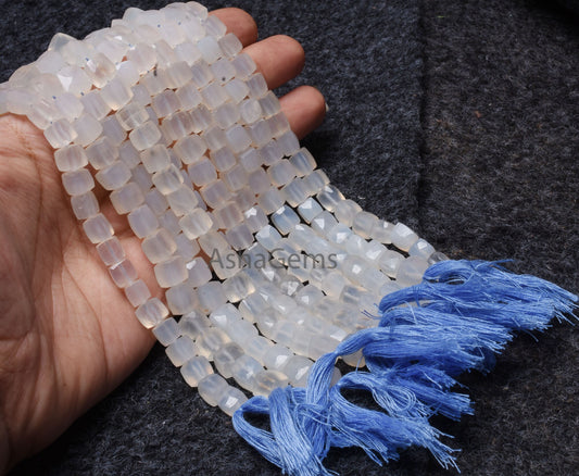 Natural Chalcedony Faceted 3D Cube Box Beads,8" Strand White Chalcedony Faceted Box Gemstone Center Drill Bead Chalcedony Cube Beads Jewelry