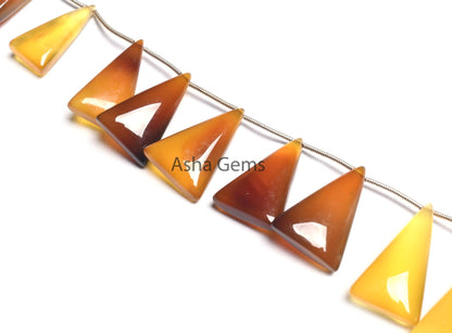 Multi Yellow Chalcedony Fancy Long Triangle Smooth Beads, Shaded Yellow Chalcedony Plain Handmade Trillion Gemstone Side Drill Beads Jewelry
