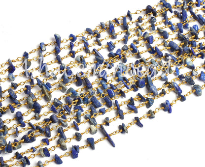 Natural Blue Lapis Uncut Chip Beads Rosary Chain Gold Plated Wire Wrap Lapis Rough Beaded Handmade Chains For Necklace Making Jewelry Crafts