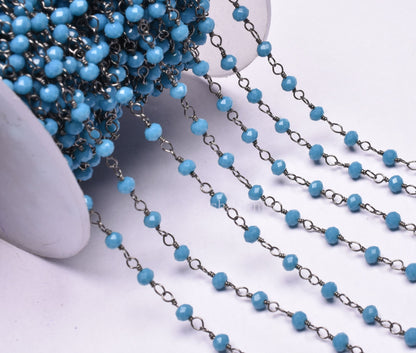 Chain Beautiful Blue Turquoise Hydro Rondelle Faceted Beads Rosary Chain,3 mm Black Plated Gunmetal Wire Jewelry Making Bulk Roll Chain Bead