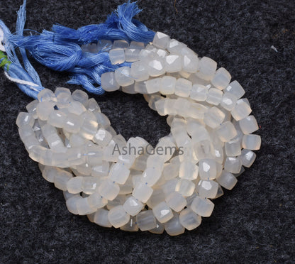Natural Chalcedony Faceted 3D Cube Box Beads,8" Strand White Chalcedony Faceted Box Gemstone Center Drill Bead Chalcedony Cube Beads Jewelry
