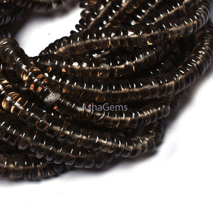 16" Strand Natural Smoky Quartz Smooth Heishi Tyre Shape Gemstone Beads, Fine Smoky Tyre Beads Plain Loose Beads For Jewelry Making Crafts