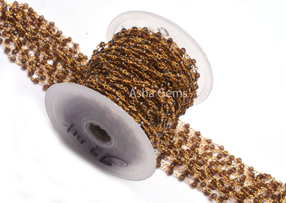 Beautiful Smoky Quartz Hydro faceted Beads Rosary Chain, Rosary Micro Cut Beaded Chain Gold Plated Wire Bulk Roll Jewelry Making Chains SALE