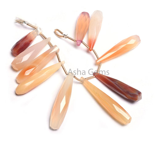 Shaded White Orange Red Chalcedony Fancy Pencil Drops Faceted Beads, 6x21-7x31mm Chalcedony Long Teardrop Briolette Gemstone Beads Jewelry