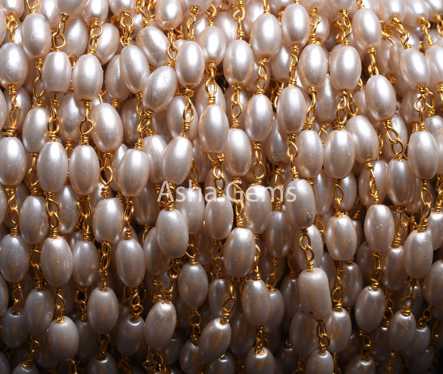 White Rice Pearl Hydro Smooth Beaded Rosary Chain 1,3,5,25 Ft White Pearl Gold Plated Wire Chain 4.5x7 mm Size Beads Wire Wrapped Chain