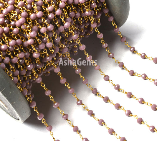 1,10,50 Feet Lavender Hydro Faceted Rondelle Beads Rosary Chain,3 mm Gold Plated Wire Wrap Beaded Handmade Rosary Chain Jewelry making Craft