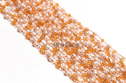 Fine White Pearl citrine Quartz Hydro Faceted Rondelle Beads Rosary Chain Rose Gold plated Wire Wrap Roll Beaded Chain Jewelry Making Crafts