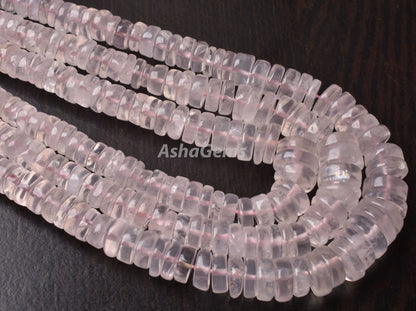 Natural Rose Quartz Smooth Heishi Tyre Gemstone Beads, Pink Rose Quartz, AAA Rose Quartz Bead Heishi Tyre Center Drill Rose Pink Wheel Beads