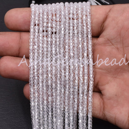 Beautiful White Zircon Faceted Rondelle Beads, 13" Strand, Cubic Zircon Micro Cut Beads, 3 mm, Clear White Zircon Machine Cut Beads, Jewelry