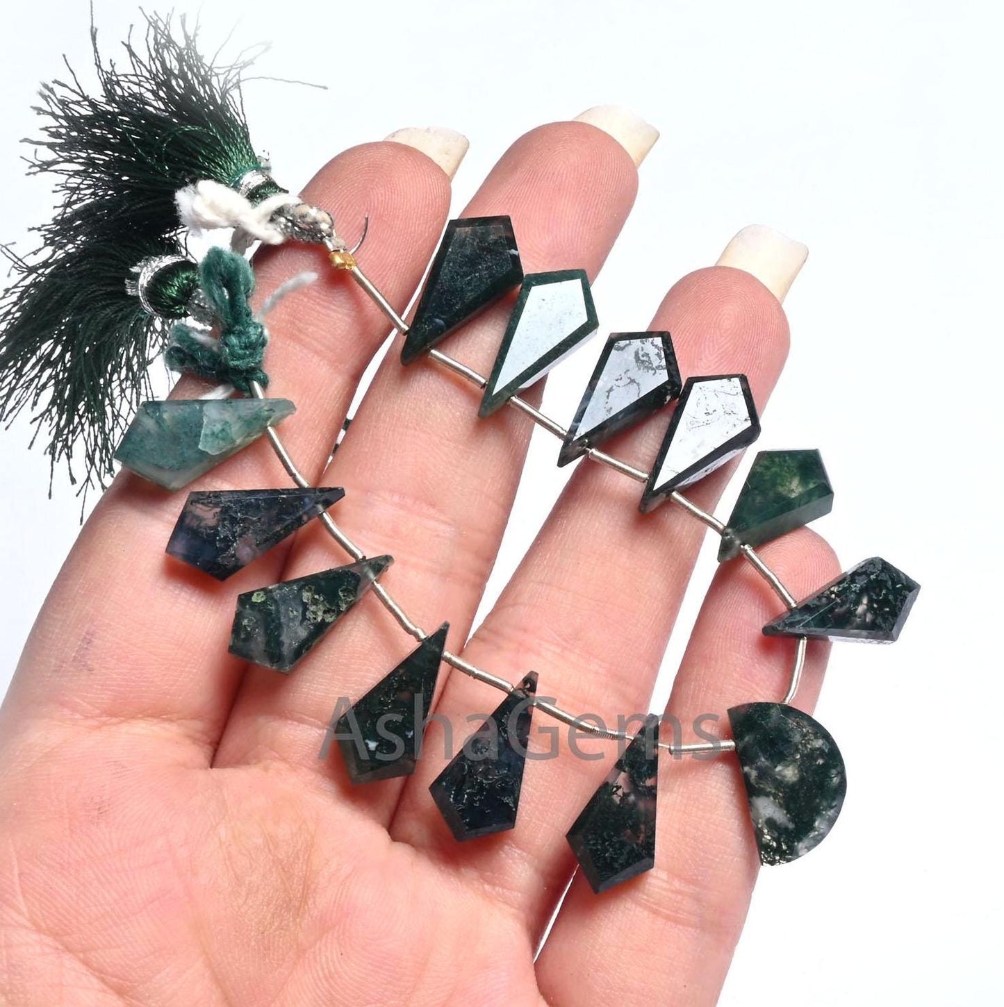 Natural Moss Green Agate fancy Long + 1 Piece D Shape faceted Beads, Rare Moss Agate Fancy Briolette Side Drill Gemstone Agate Beads Jewelry(AG 18610)