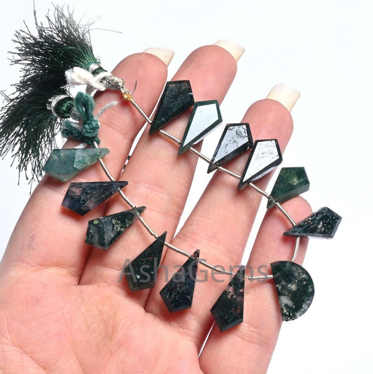 Natural Moss Green Agate fancy Long + 1 Piece D Shape faceted Beads, Rare Moss Agate Fancy Briolette Side Drill Gemstone Agate Beads Jewelry(AG 18610)