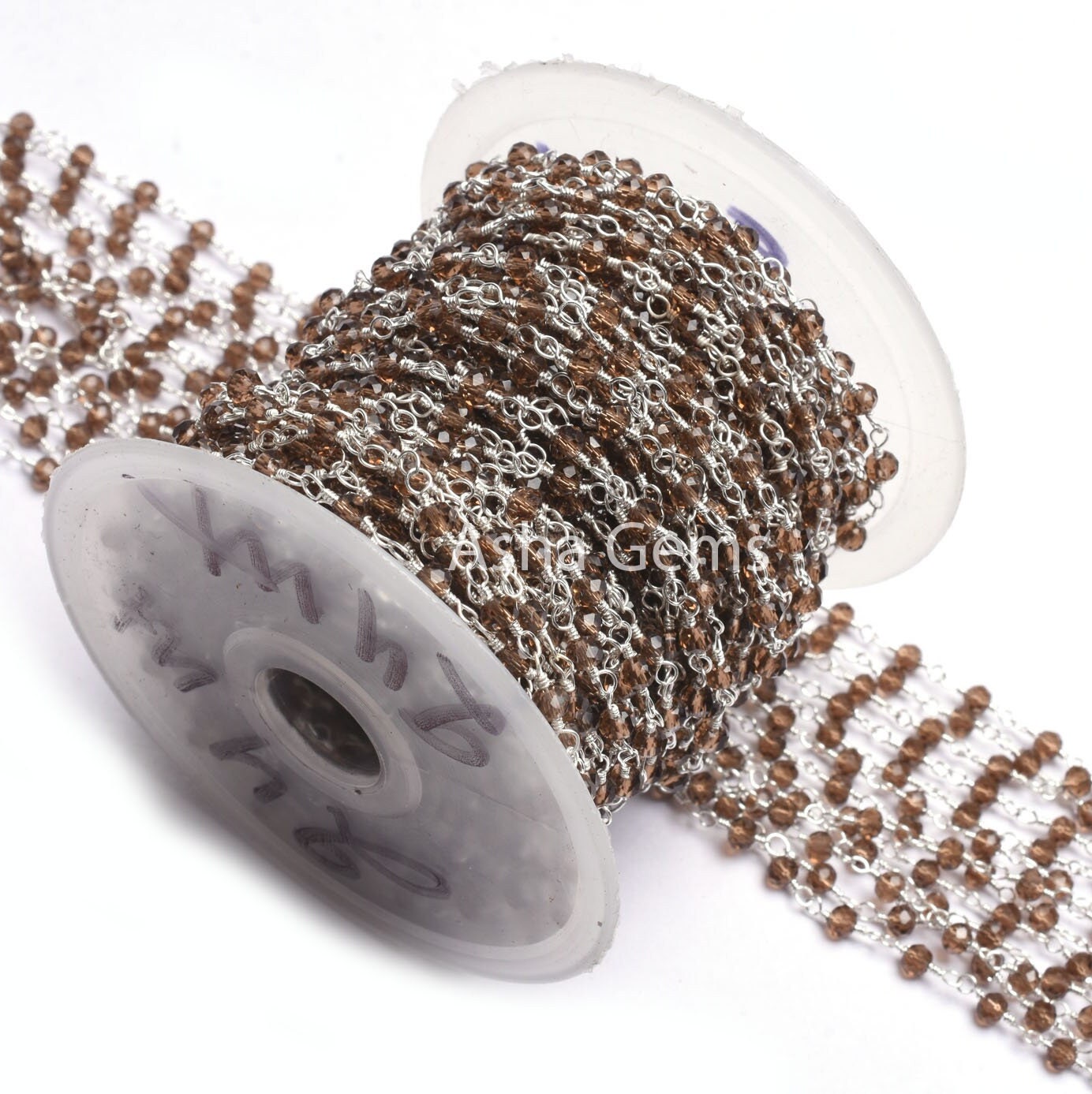 Smoky Quartz Hydro Beads Rosary Chain,3,5,10 Foot,  Rosary Beaded Chain, Silver Plated Metal,Bulk Roll,Jewelry Making,Finding Chain