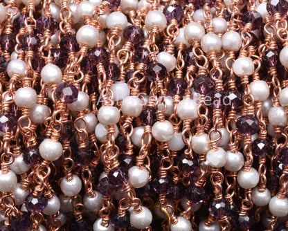 Beautiful White Pearl Garnet Hydro Faceted Rondelle Beads Rosary Chain Rose Gold Plated Copper Wire Wrap Chain SALE Jewelry making Craft 3mm