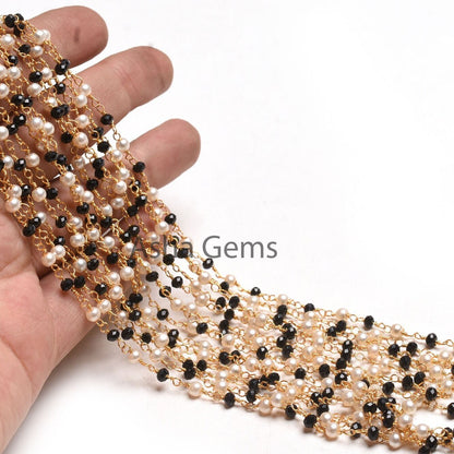 Beautiful Pearl Black Onyx Hydro Micro Cut Beads Rosary Chain, Gold Plated Wire wrap Bulk Rosary Chain By Foot Necklace Jewelry Making Chain