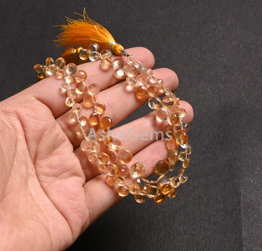 Natural Yellow Citrine Smooth Round cabochon Side Drill Beads,8" Strand Fine Citrine Quartz Plain Handmade Round Gemstone Bead Jewelry Craft