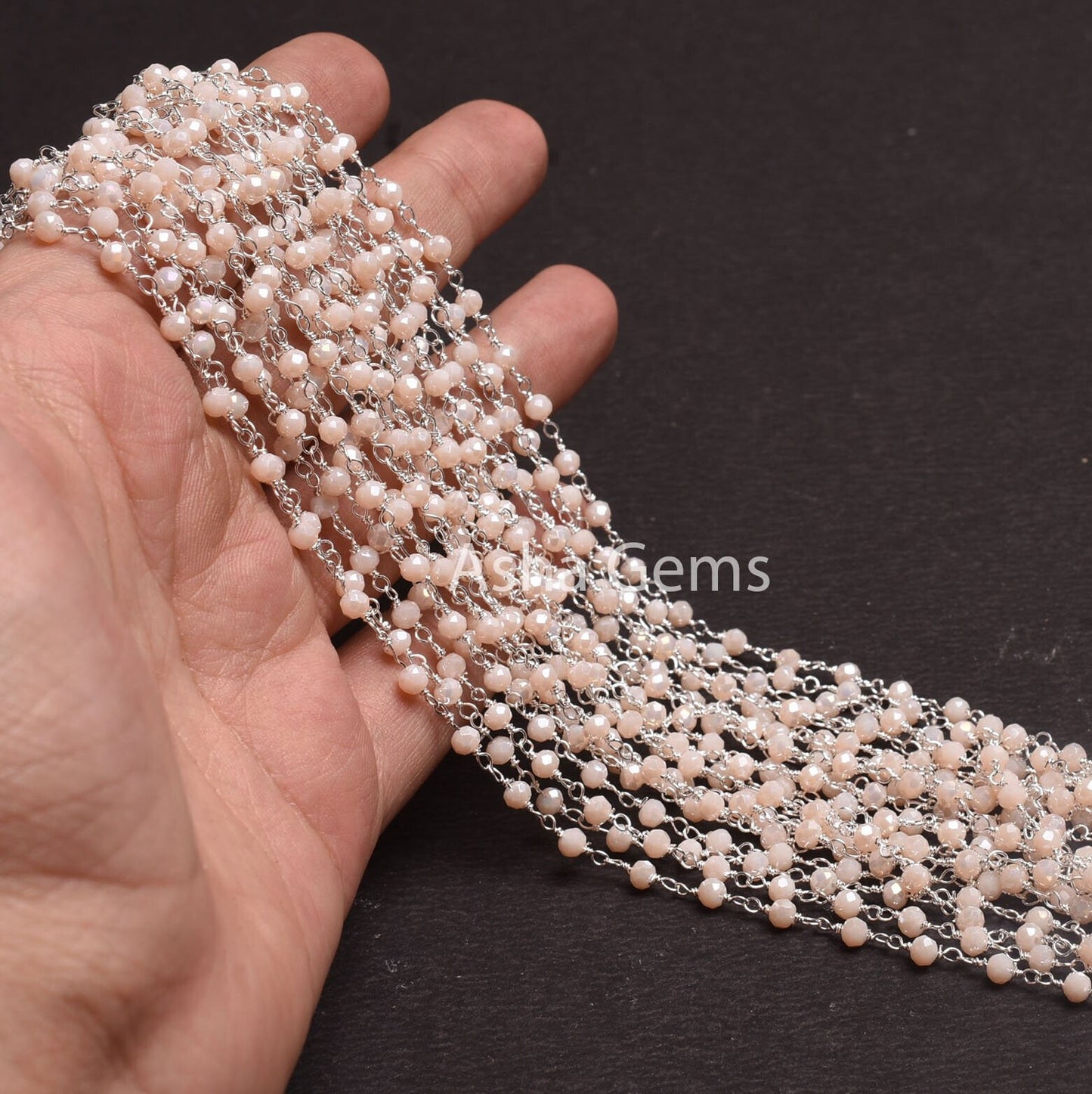 Silver Plated 3,5,10,25Ft,Pink Opal Hydro Coated Rondelle Faceted Beaded Rosary Chain Wire Bulk Roll Finding Chain 3-3.5mm Bead Rosary Chain