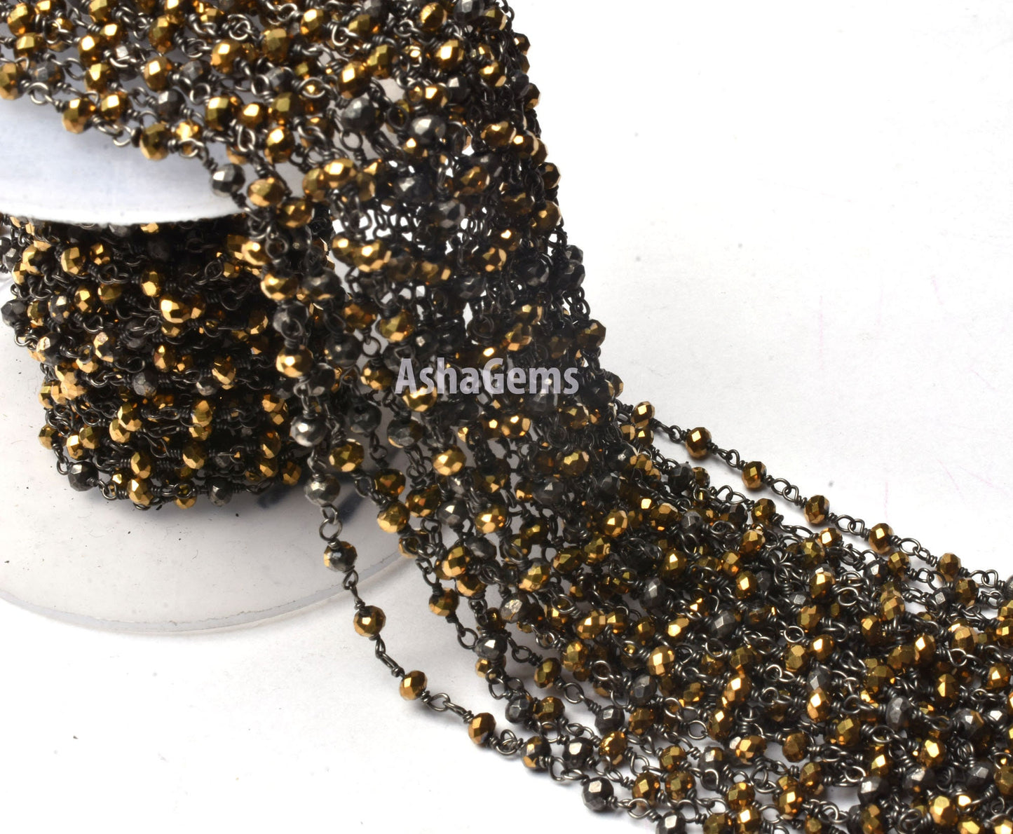 SALE 3,5,10,25 Ft Golden Pyrite Hydro Faceted Rondelle Beaded Rosary Chain Black Plated Wire Jewelry Making Finding, Wire Wrapped Chain 3 mm