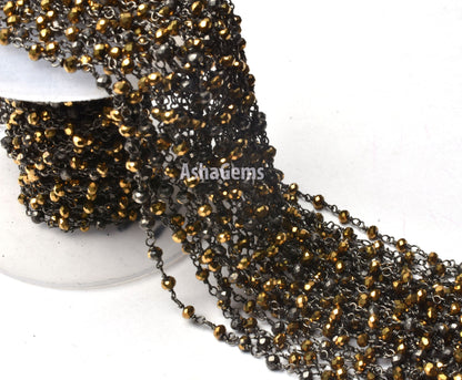 SALE 3,5,10,25 Ft Golden Pyrite Hydro Faceted Rondelle Beaded Rosary Chain Black Plated Wire Jewelry Making Finding, Wire Wrapped Chain 3 mm