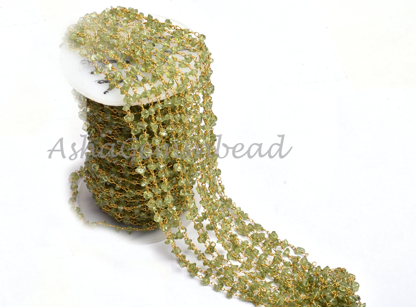 3,5,10,25 Feet Chain, Natural Green Peridot Uncut Chip Beads rosary Chain Gold Plated Wire Bulk Roll Smooth Gemstone Beaded Rosary Chain