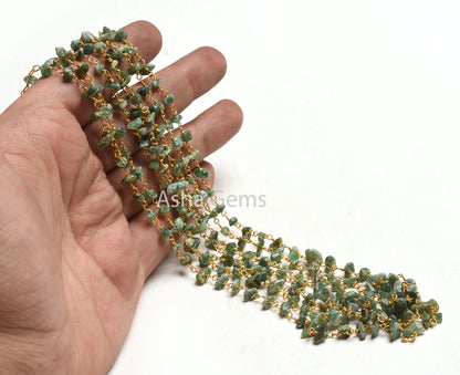 Natural Green Mica Uncut Chips Rosary Beads Chain, Gold Plated Wire Wrap Mica Nugget Beaded handmade Gemstone Chains Necklace Jewelry Crafts