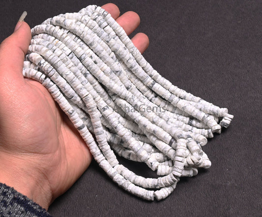 6.5 mm Beautiful Howlite Faceted Flat Tyre Heishi Beads, White Turquoise Indian Cut Flat Wheel Shape Gemstone Loose Beads Jewelry Craft SALE